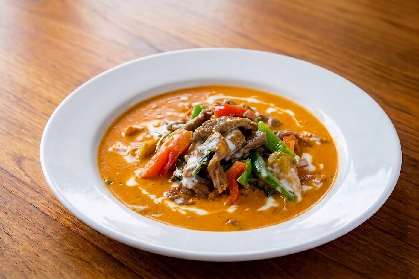 Panang Curry — roasted-coconut curry with Thai basil and red bell pepper.