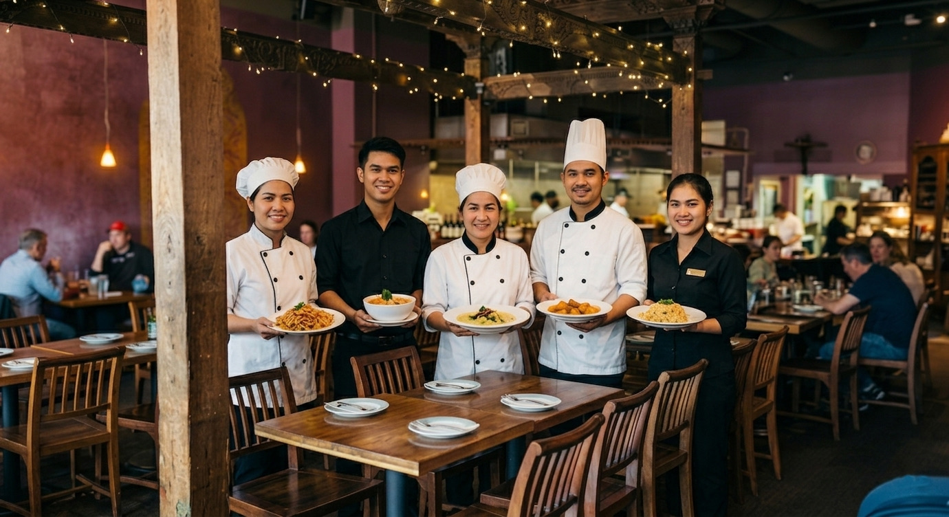 Thai Ginger chefs and servers in a warm restaurant interior, plates of food in hand.